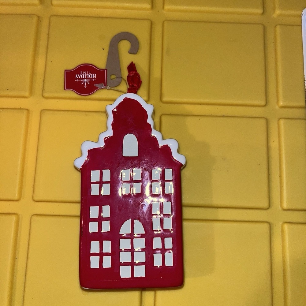 5" Red Ceramic Dutch Canal House &‎ White Trim Christmas Ornament Holiday Time